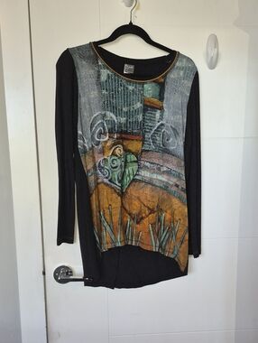 Artistic Printed Long Sleeve Tunic - Black with Teal & Mustard Panel